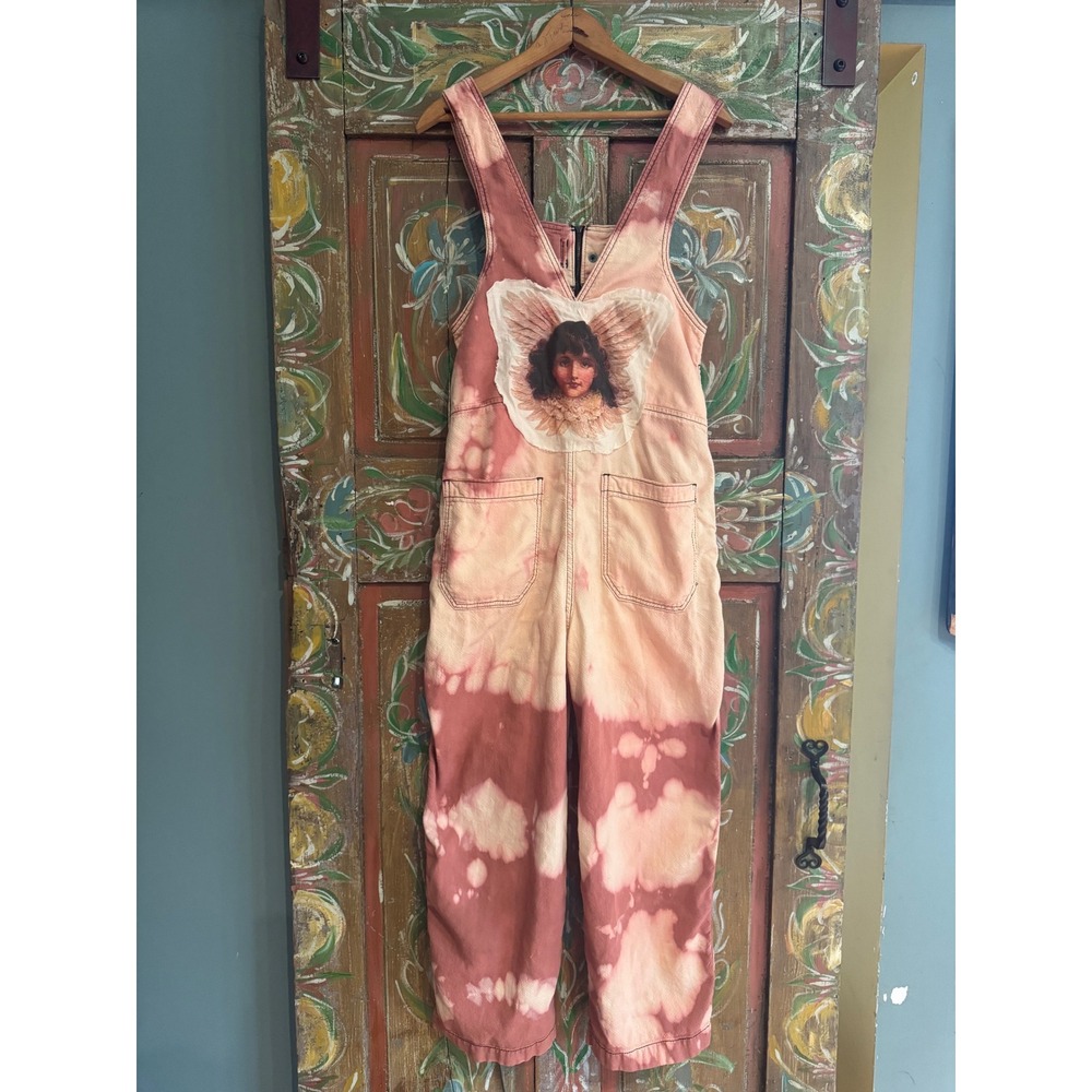 Upcycled Angel Jumpsuit XS Free People Pink Hand Distressed Cotton - Picture 5 of 7